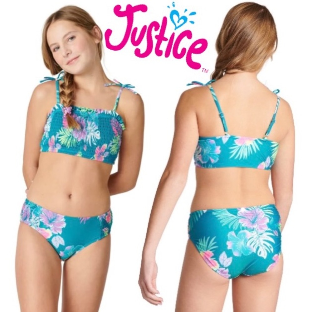 JUSTICE Swimsuit 2 Pc Smocked Bandeau Top & Bottom Sides Teal Hawaiian Size XL